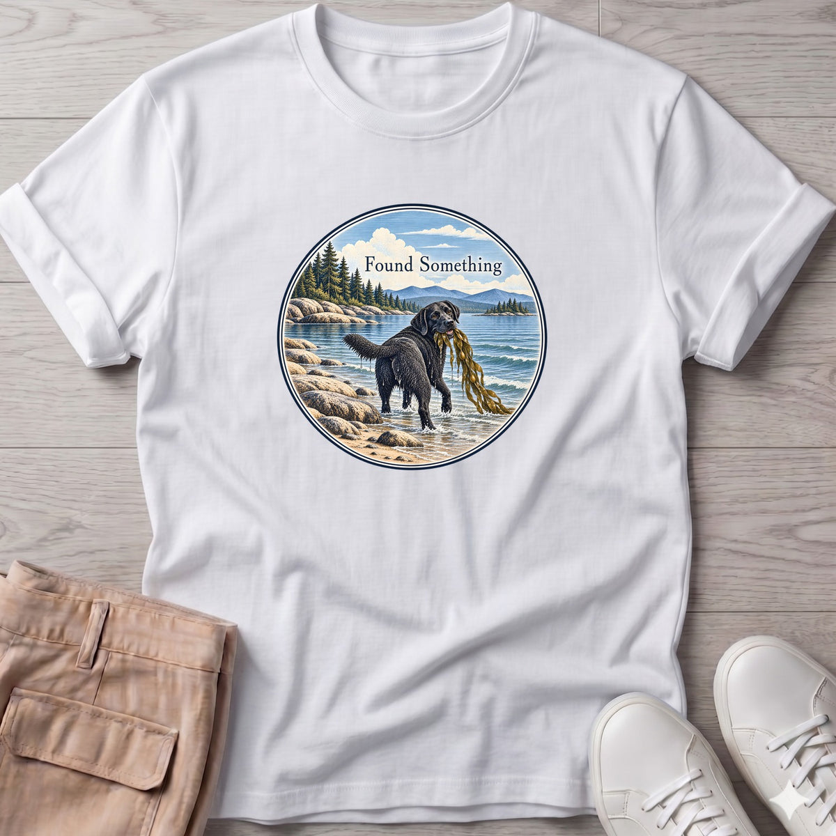 Found Something Black Lab Seaweed T-Shirt in White, Salty Paws Soft Style T-Shirt, front design flat lay