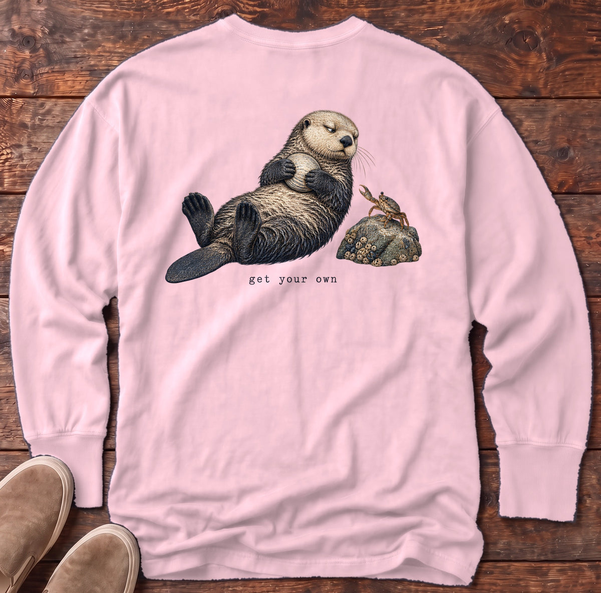 Get Your Own Sea Otter Back Design Long Sleeve Tee Comfort Colors in Blossom, Salty Paws Comfort Colors Long Sleeve Tee, back design flat lay