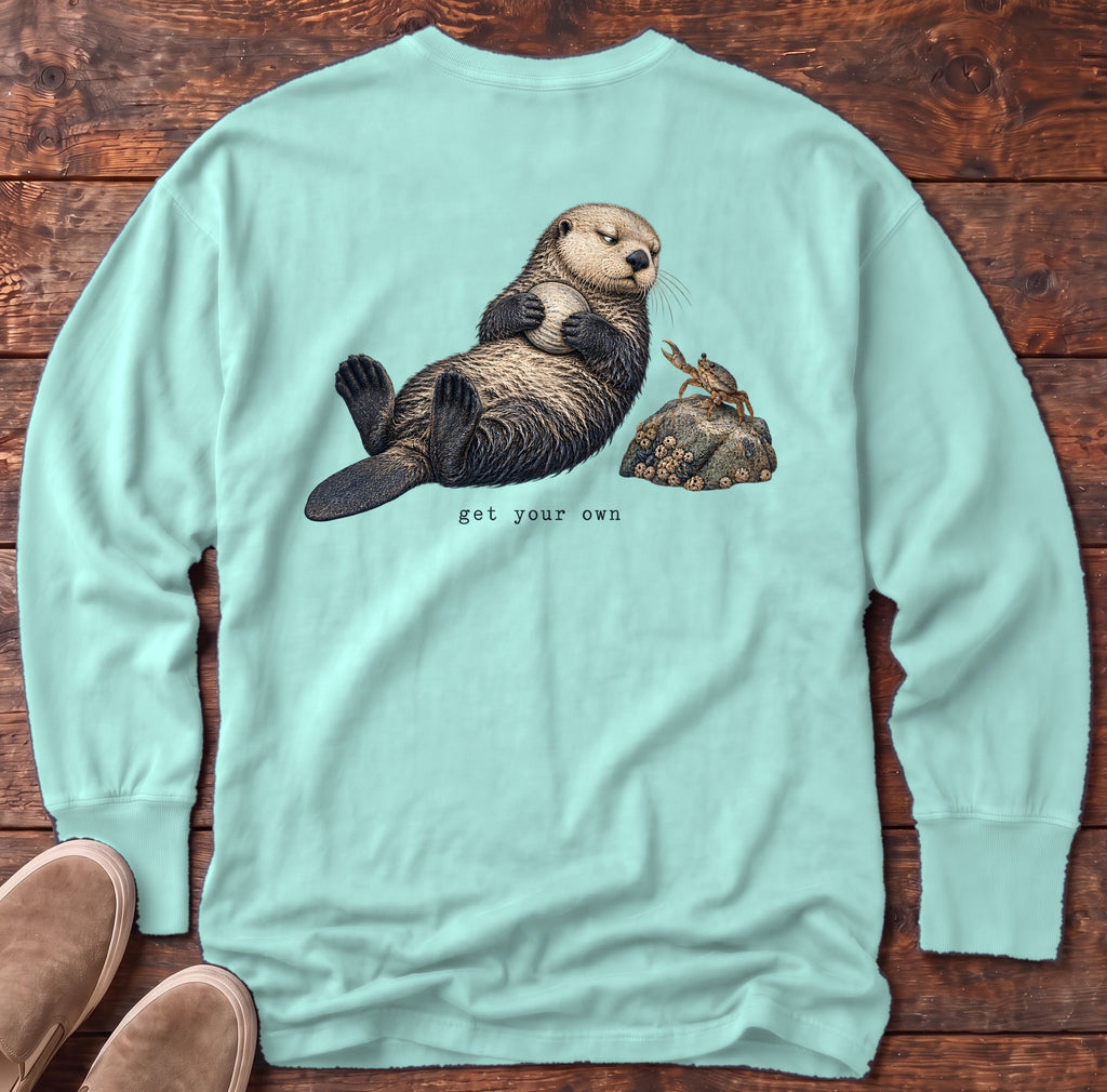 Get Your Own Sea Otter Back Design Long Sleeve Tee Comfort Colors in Chalky Mint, Salty Paws Comfort Colors Long Sleeve Tee, back design flat lay