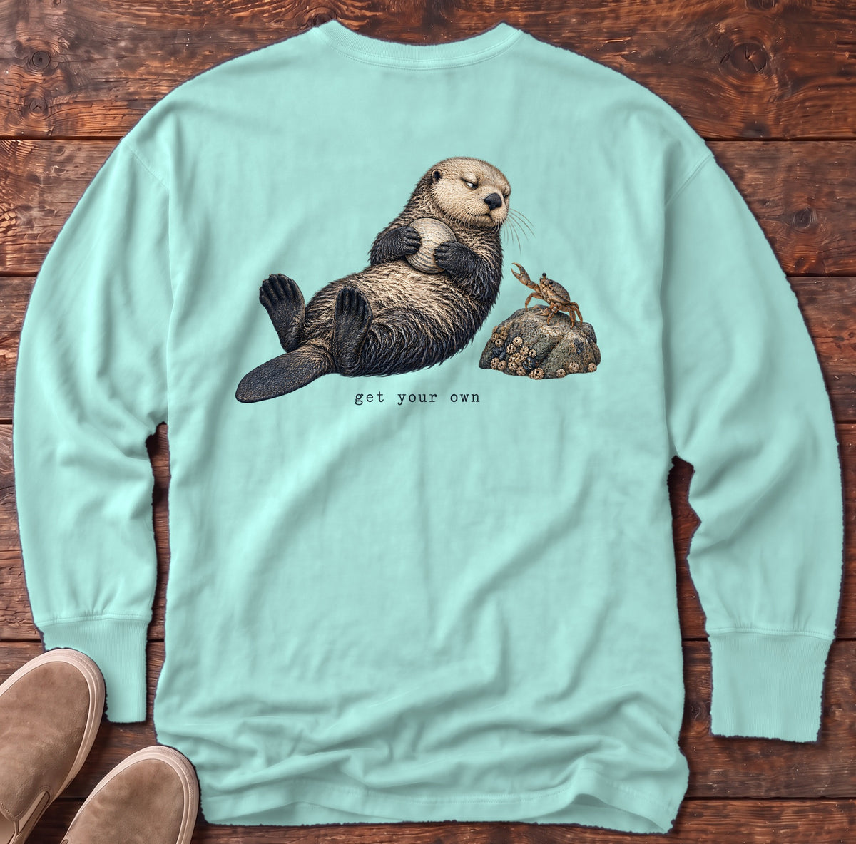 Get Your Own Sea Otter Back Design Long Sleeve Tee Comfort Colors in Chalky Mint, Salty Paws Comfort Colors Long Sleeve Tee, back design flat lay