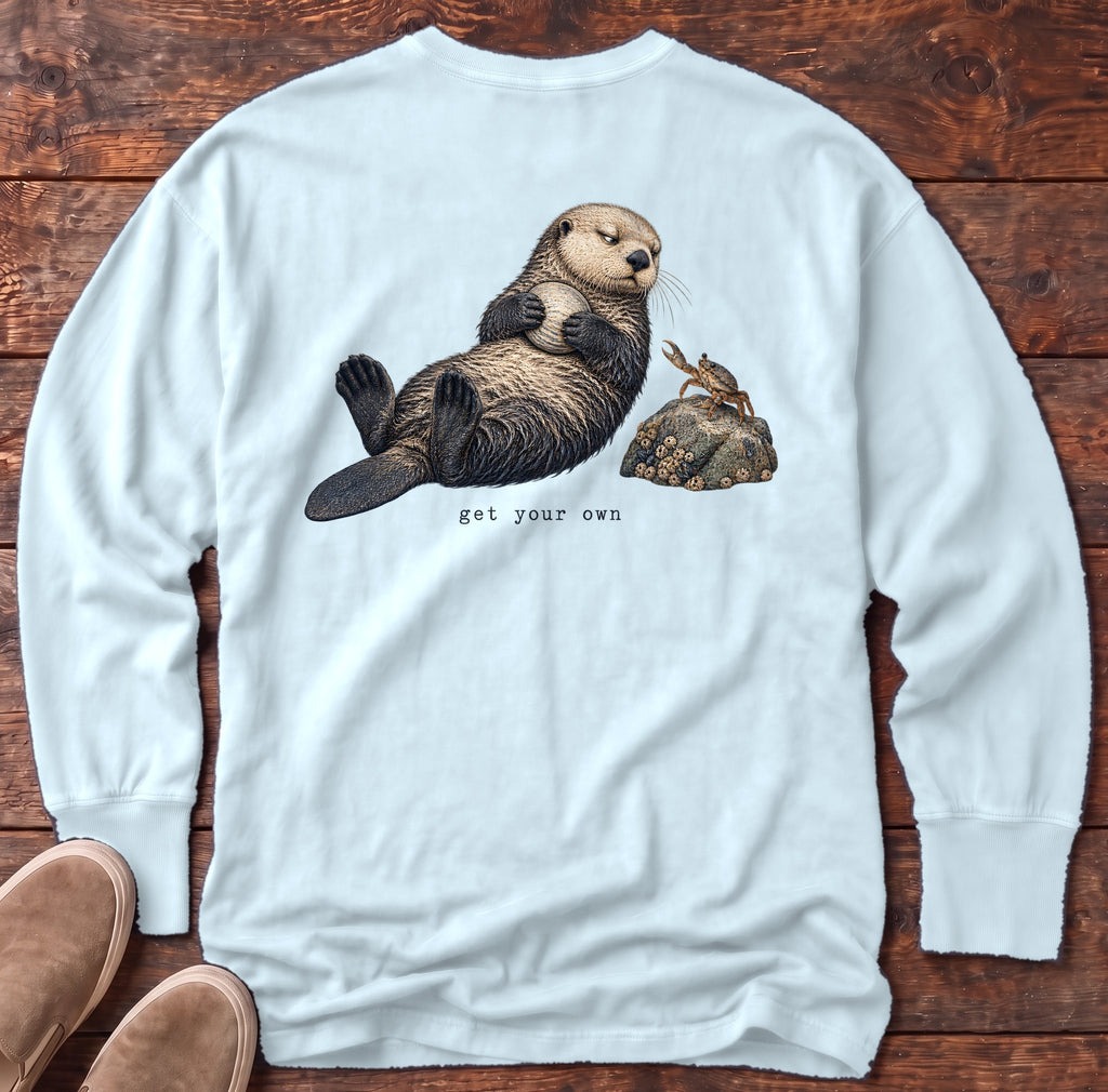 Get Your Own Sea Otter Back Design Long Sleeve Tee Comfort Colors in Chambray, Salty Paws Comfort Colors Long Sleeve Tee, back design flat lay