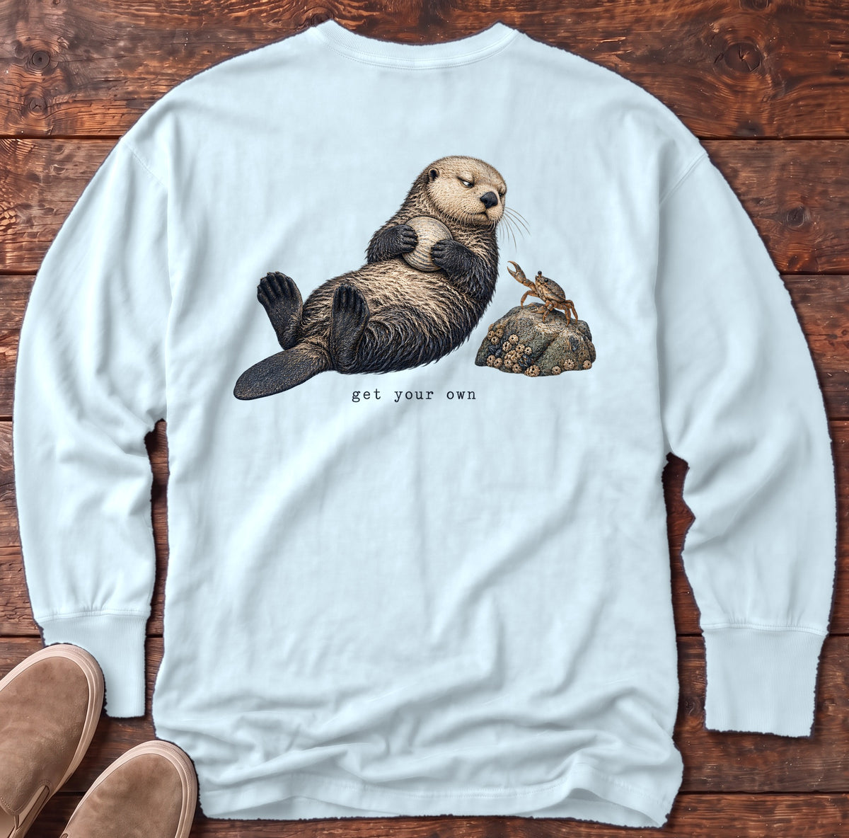 Get Your Own Sea Otter Back Design Long Sleeve Tee Comfort Colors in Chambray, Salty Paws Comfort Colors Long Sleeve Tee, back design flat lay