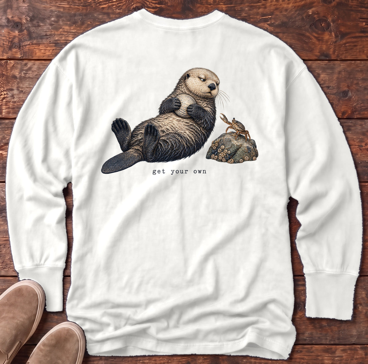 Get Your Own Sea Otter Back Design Long Sleeve Tee Comfort Colors in White, Salty Paws Comfort Colors Long Sleeve Tee, back design flat lay
