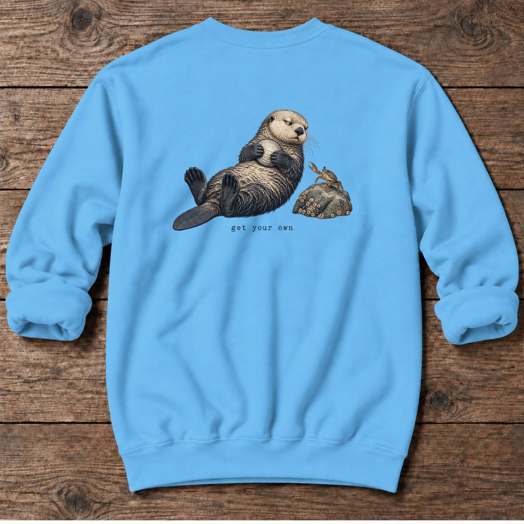 Get Your Own Sea Otter Back Design Midweight Sweatshirt in Sky, Salty Paws Midweight Sweatshirt, back design flat lay