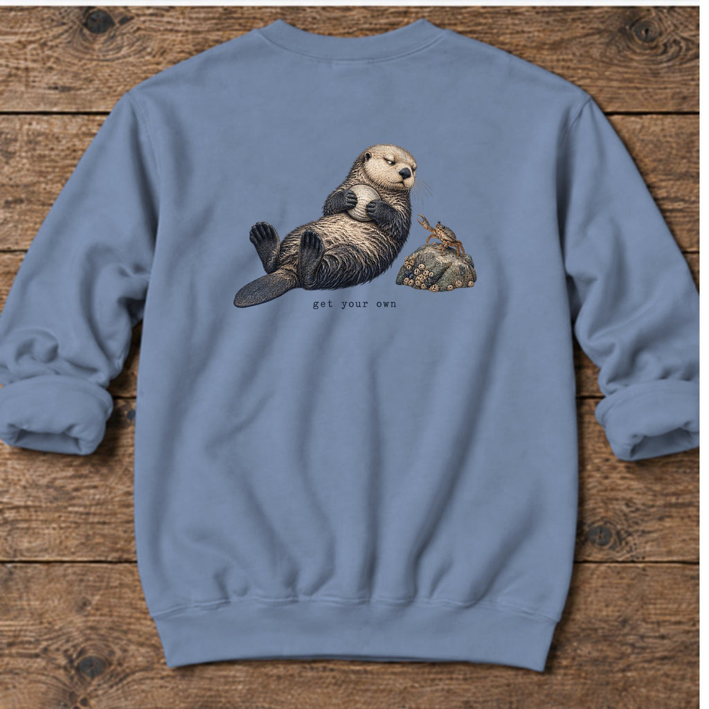 Get Your Own Sea Otter Back Design Midweight Sweatshirt in Stone Blue, Salty Paws Midweight Sweatshirt, back design flat lay