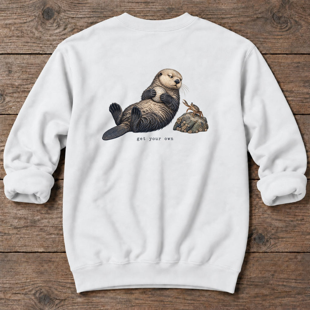 Get Your Own Sea Otter Back Design Midweight Sweatshirt in White, Salty Paws Midweight Sweatshirt, back design flat lay