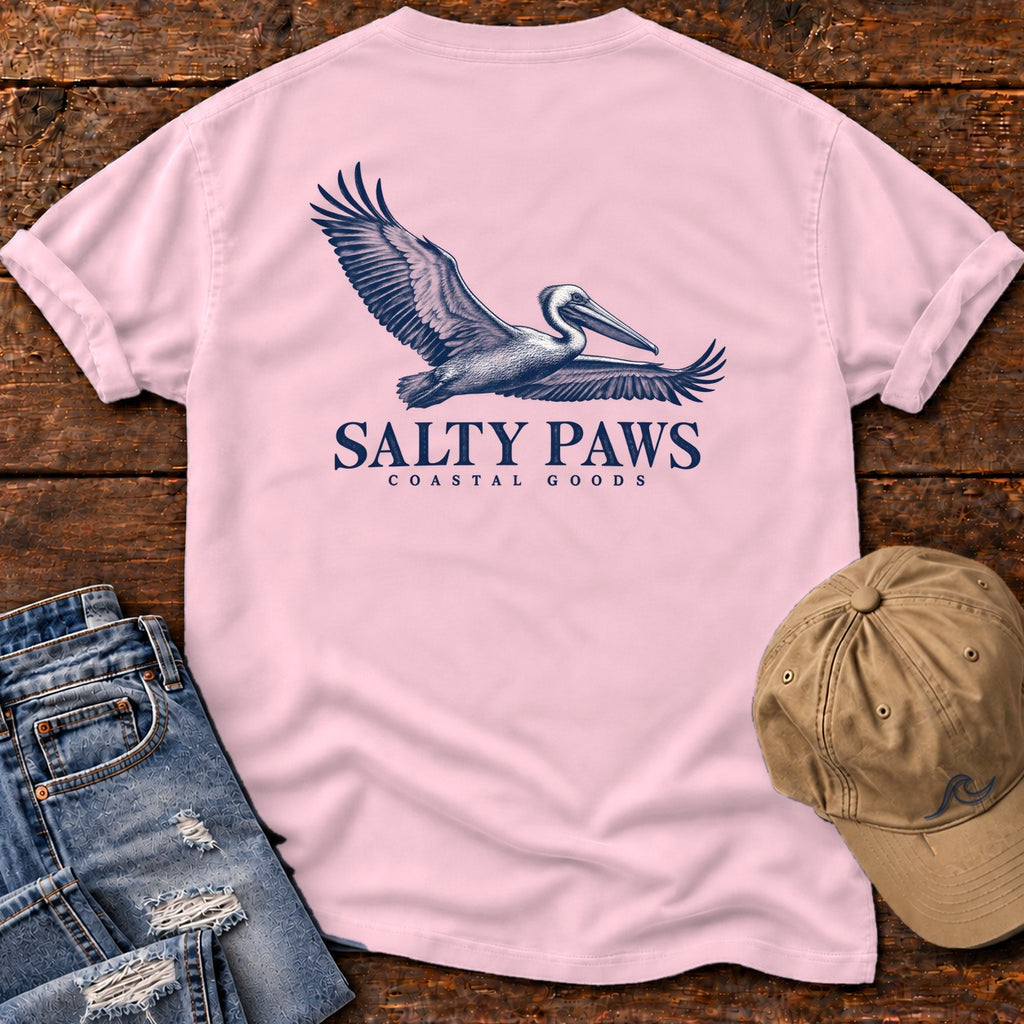 Gliding Pelican Coastal Goods Back Design T-Shirt in Blossom, Salty Paws Comfort Colors T-Shirt, back design flat lay
