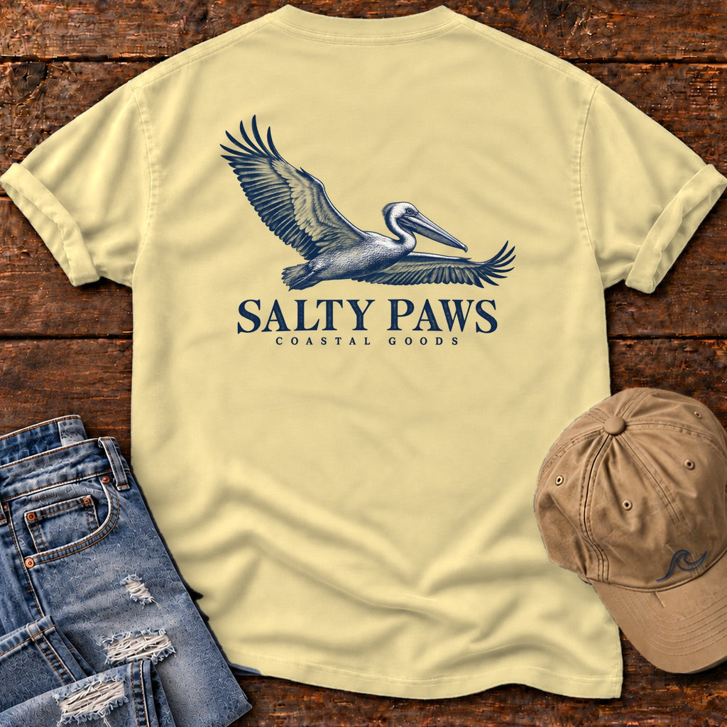 Gliding Pelican Coastal Goods Back Design T-Shirt in Butter, Salty Paws Comfort Colors T-Shirt, back design flat lay
