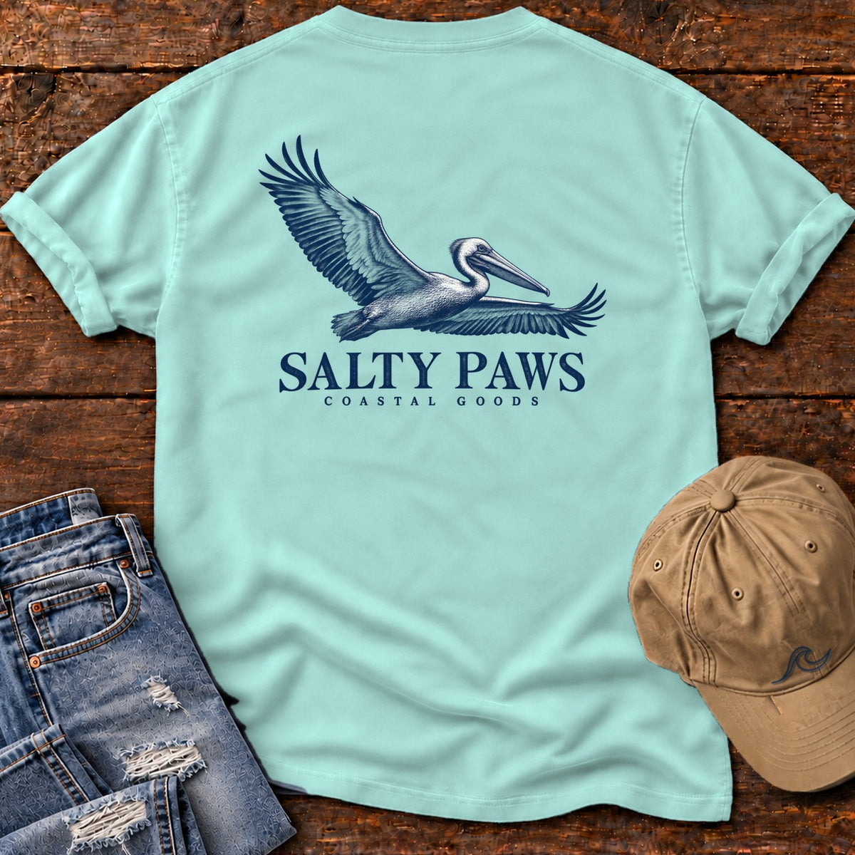 Gliding Pelican Coastal Goods Back Design T-Shirt in Chalky Mint, Salty Paws Comfort Colors T-Shirt, back design flat lay