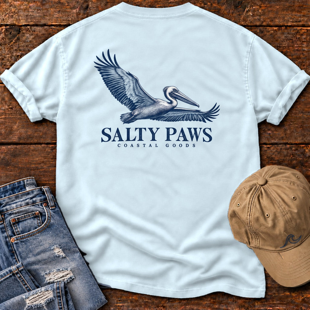 Gliding Pelican Coastal Goods Back Design T-Shirt in Chambray, Salty Paws Comfort Colors T-Shirt, back design flat lay