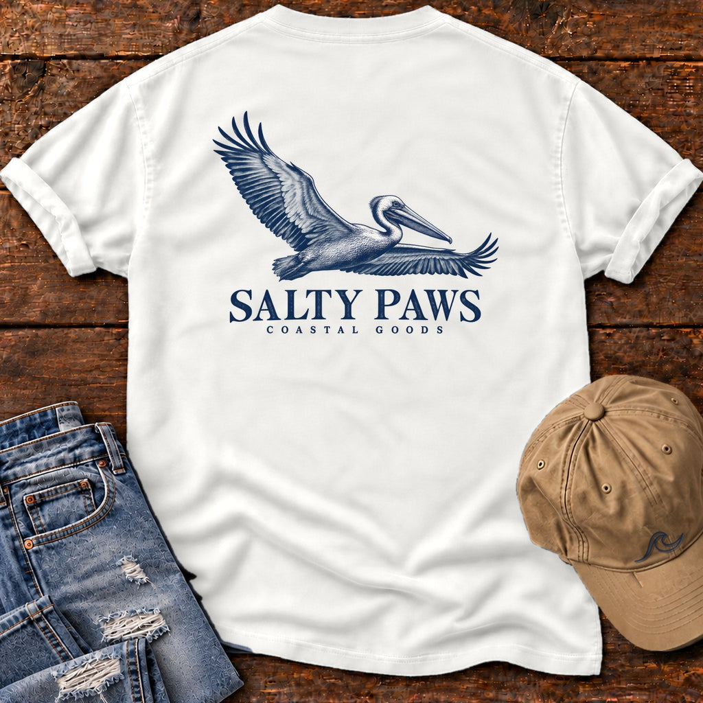 Gliding Pelican Coastal Goods Back Design T-Shirt in White, Salty Paws Comfort Colors T-Shirt, back design flat lay
