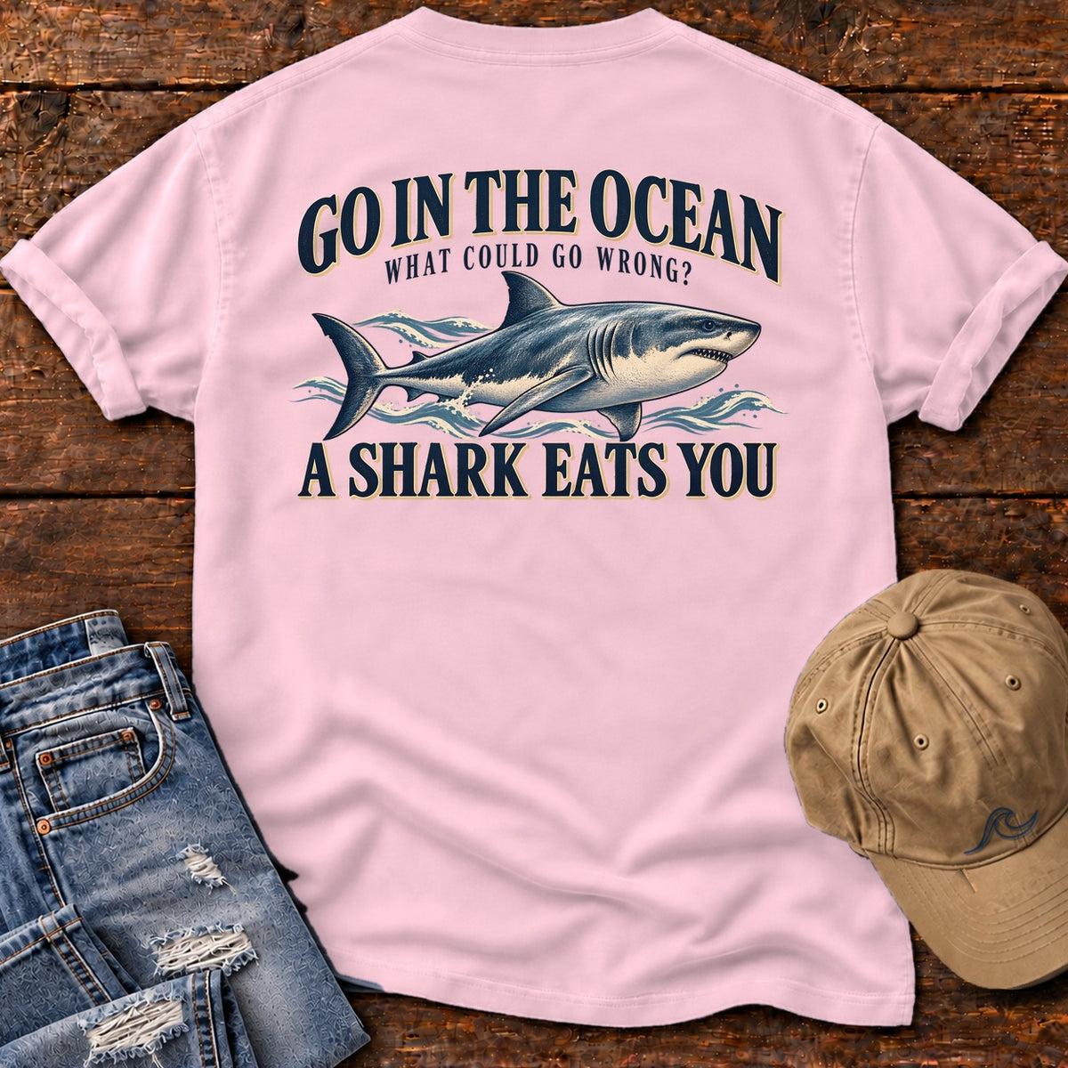 Go in the Ocean Shark Back Design T-Shirt in Blossom, Salty Paws Comfort Colors T-Shirt, back design flat lay