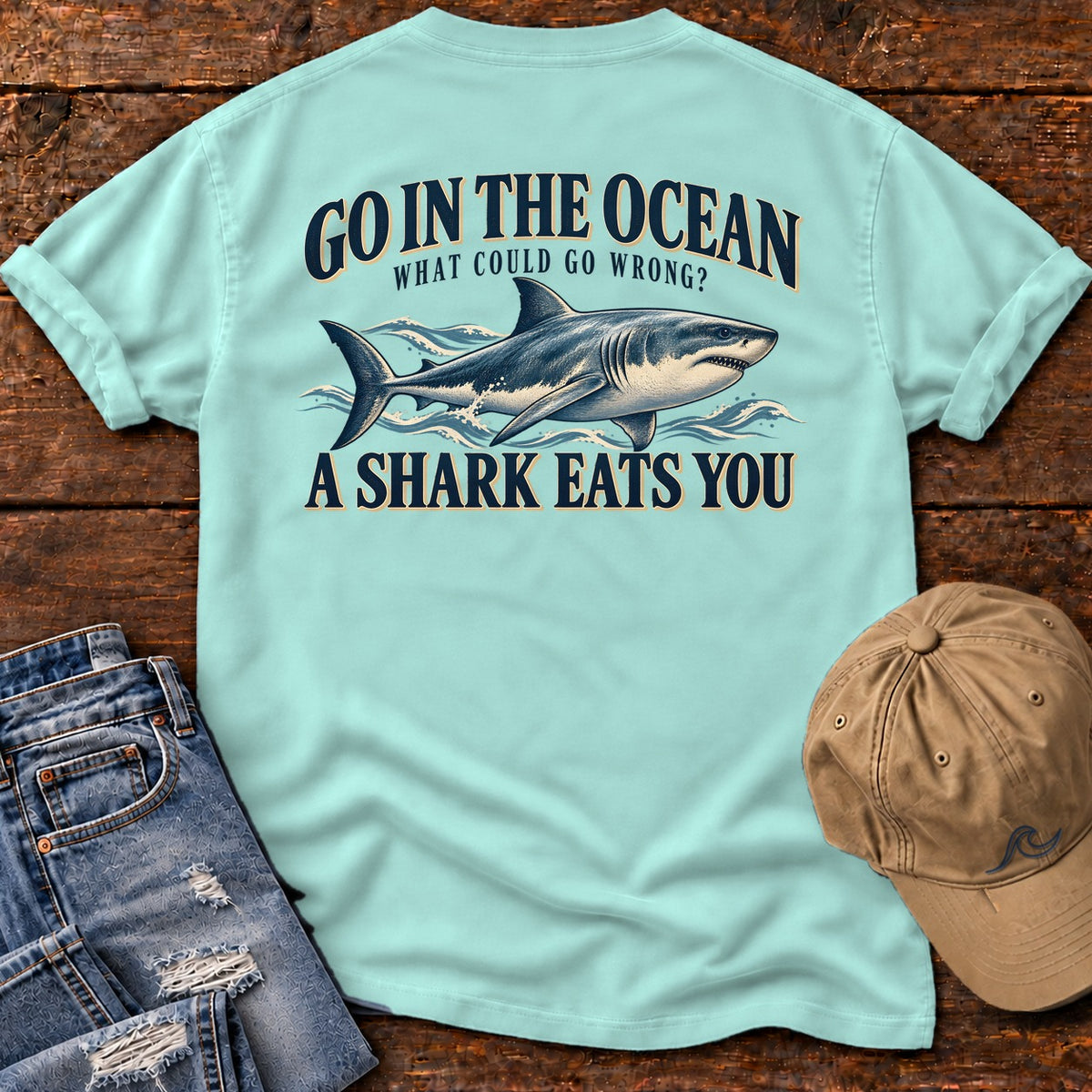 Go in the Ocean Shark Back Design T-Shirt in Chalky Mint, Salty Paws Comfort Colors T-Shirt, back design flat lay