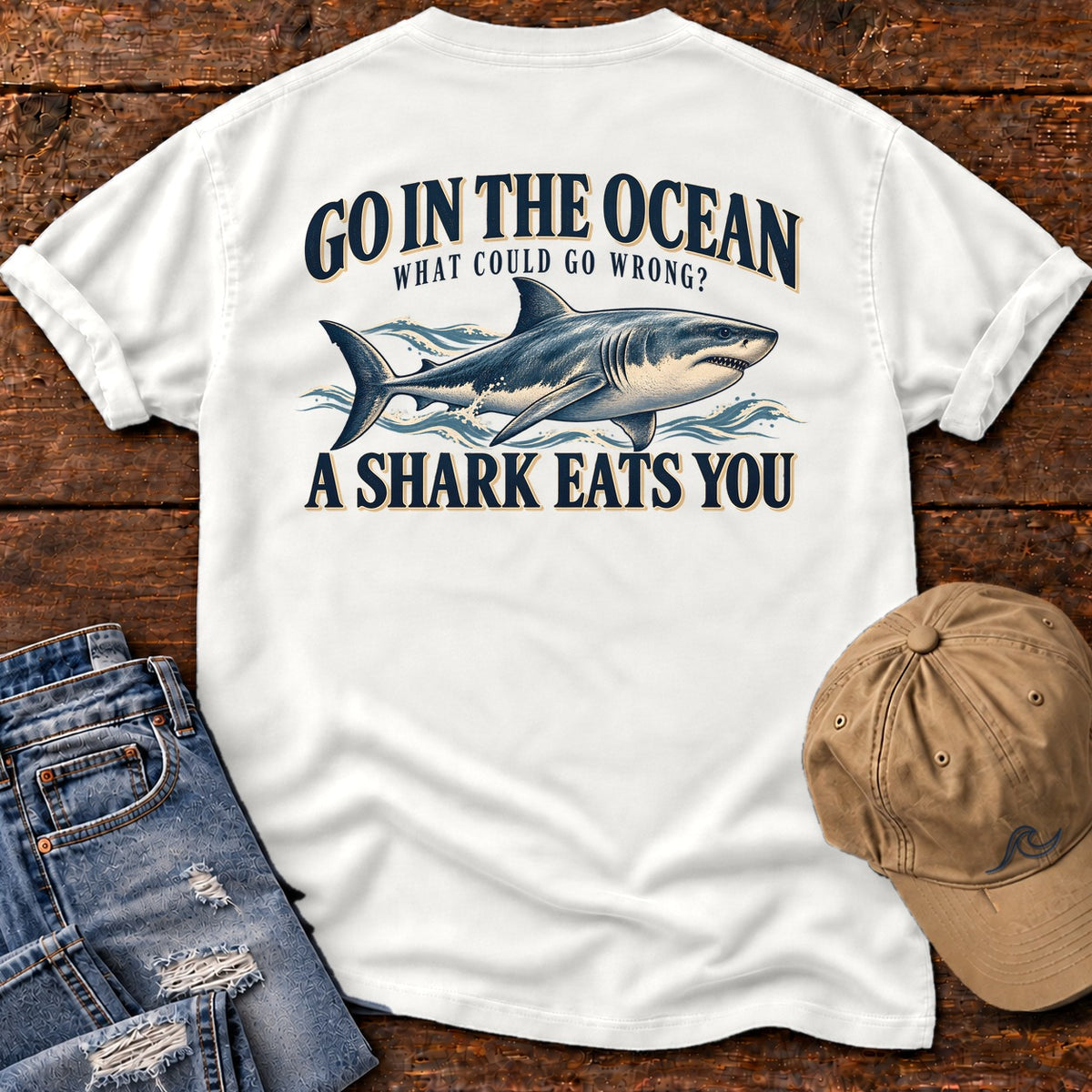 Go in the Ocean Shark Back Design T-Shirt in White, Salty Paws Comfort Colors T-Shirt, back design flat lay