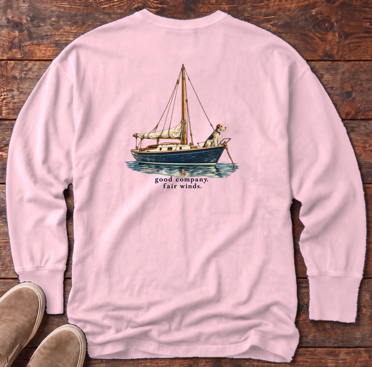 Good Company, Fair Winds Sailboat Terrier Back Design Long Sleeve Tee Comfort Colors in Blossom, Salty Paws Comfort Colors Long Sleeve Tee, back design flat lay