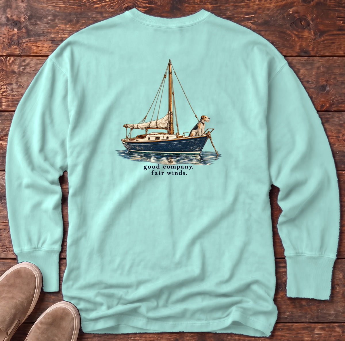 Good Company, Fair Winds Sailboat Terrier Back Design Long Sleeve Tee Comfort Colors in Chalky Mint, Salty Paws Comfort Colors Long Sleeve Tee, back design flat lay