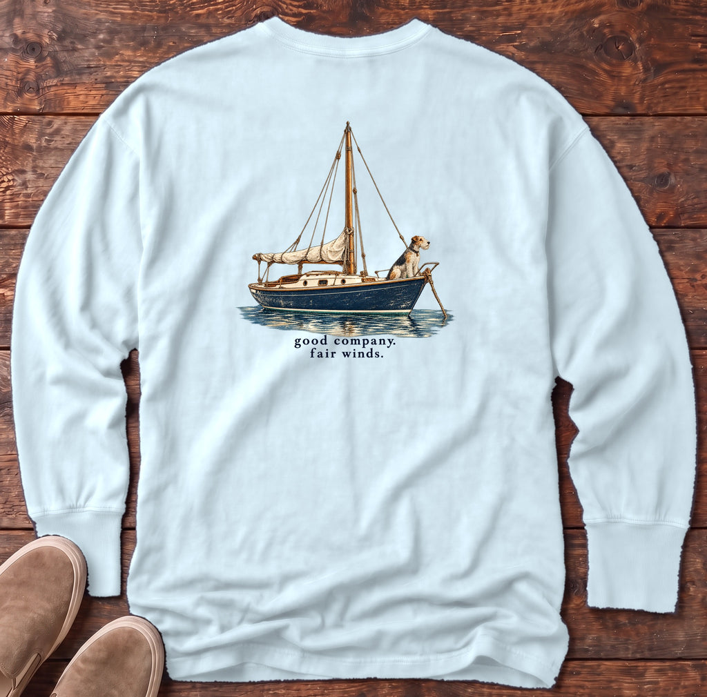 Good Company, Fair Winds Sailboat Terrier Back Design Long Sleeve Tee Comfort Colors in Chambray, Salty Paws Comfort Colors Long Sleeve Tee, back design flat lay