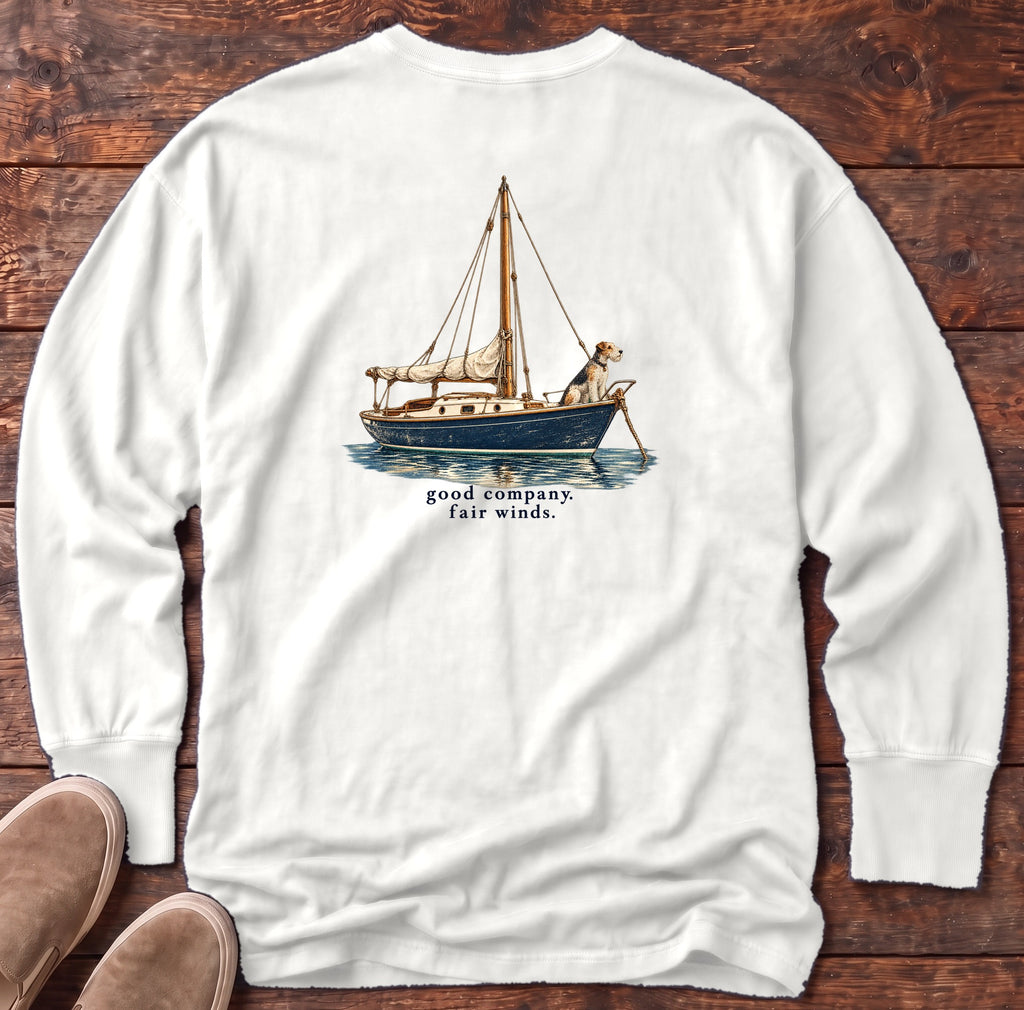Good Company, Fair Winds Sailboat Terrier Back Design Long Sleeve Tee Comfort Colors in White, Salty Paws Comfort Colors Long Sleeve Tee, back design flat lay