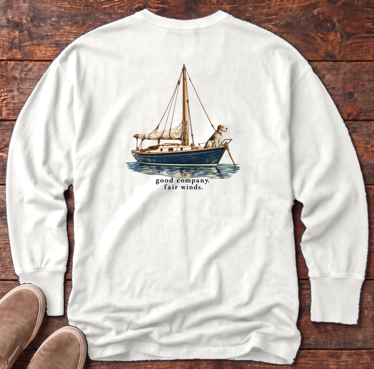 Good Company, Fair Winds Sailboat Terrier Back Design Long Sleeve Tee Comfort Colors in White, Salty Paws Comfort Colors Long Sleeve Tee, back design flat lay