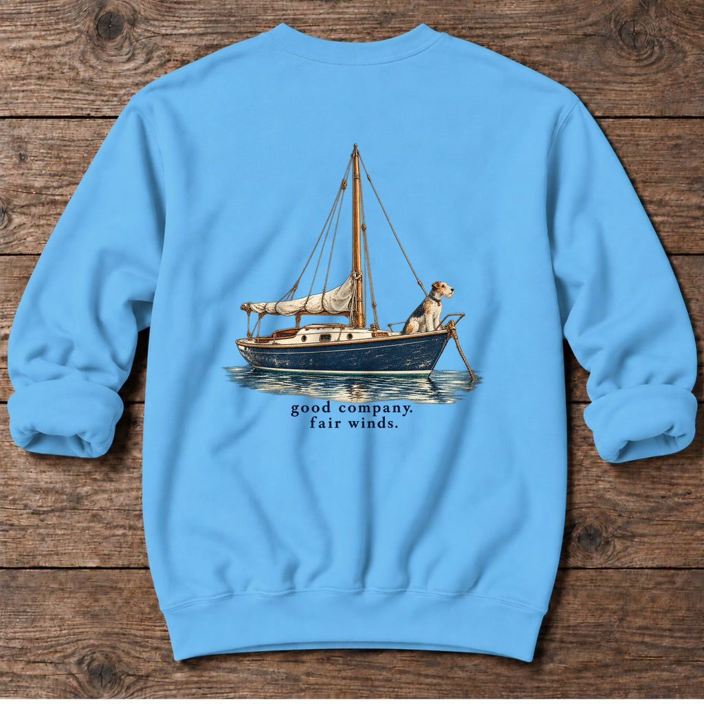 Good Company, Fair Winds Sailboat Terrier Back Design Midweight Sweatshirt in Sky, Salty Paws Midweight Sweatshirt, back design flat lay