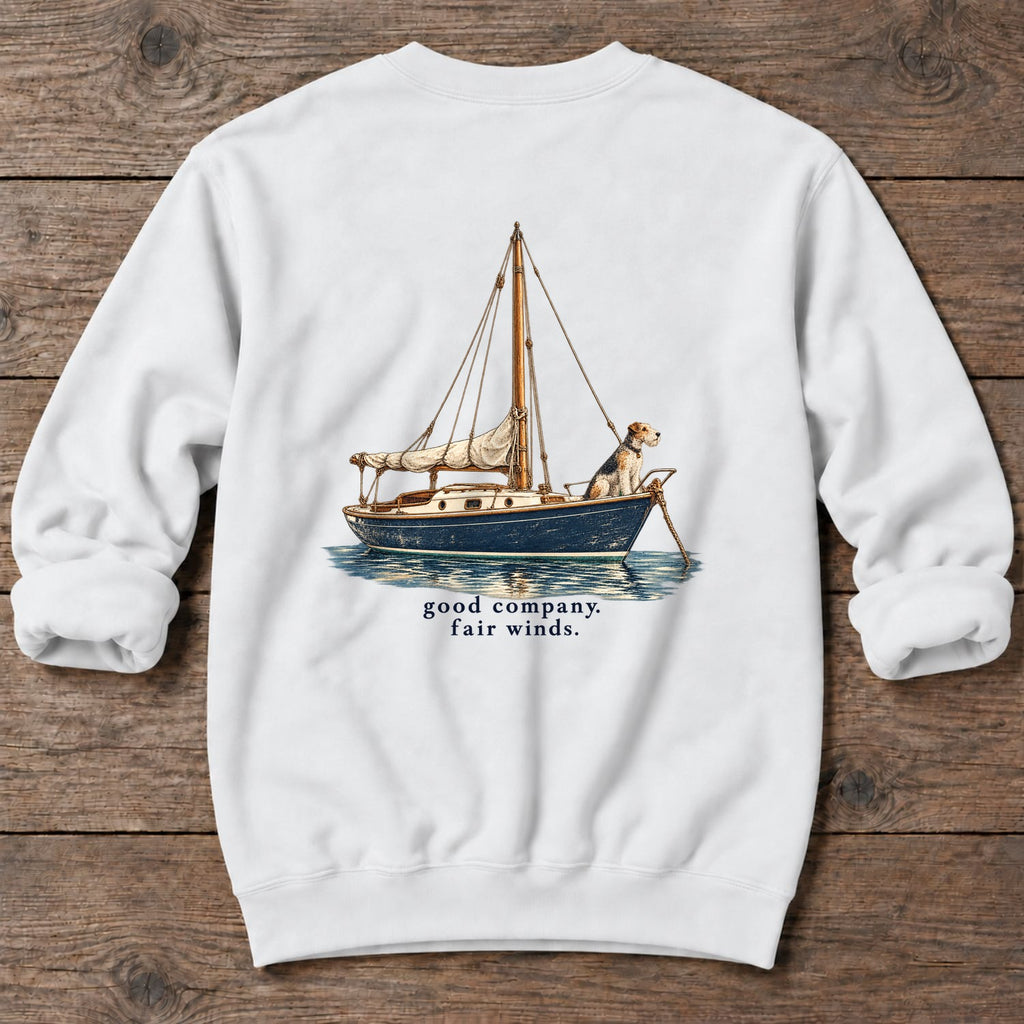 Good Company, Fair Winds Sailboat Terrier Back Design Midweight Sweatshirt in White, Salty Paws Midweight Sweatshirt, back design flat lay
