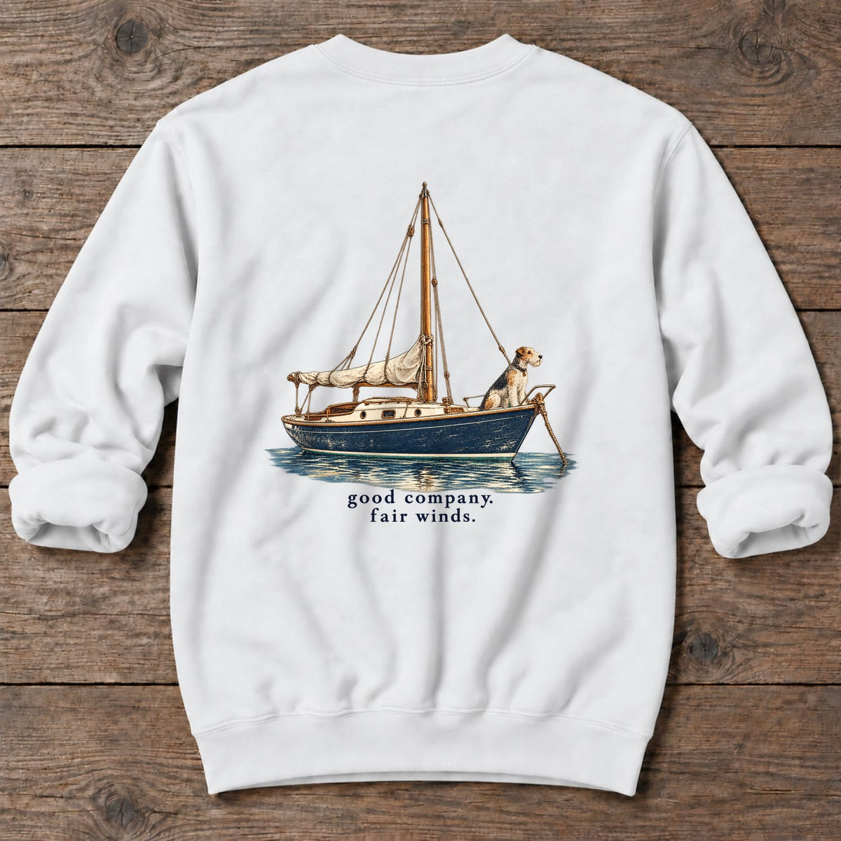 Good Company, Fair Winds Sailboat Terrier Back Design Midweight Sweatshirt in White, Salty Paws Midweight Sweatshirt, back design flat lay