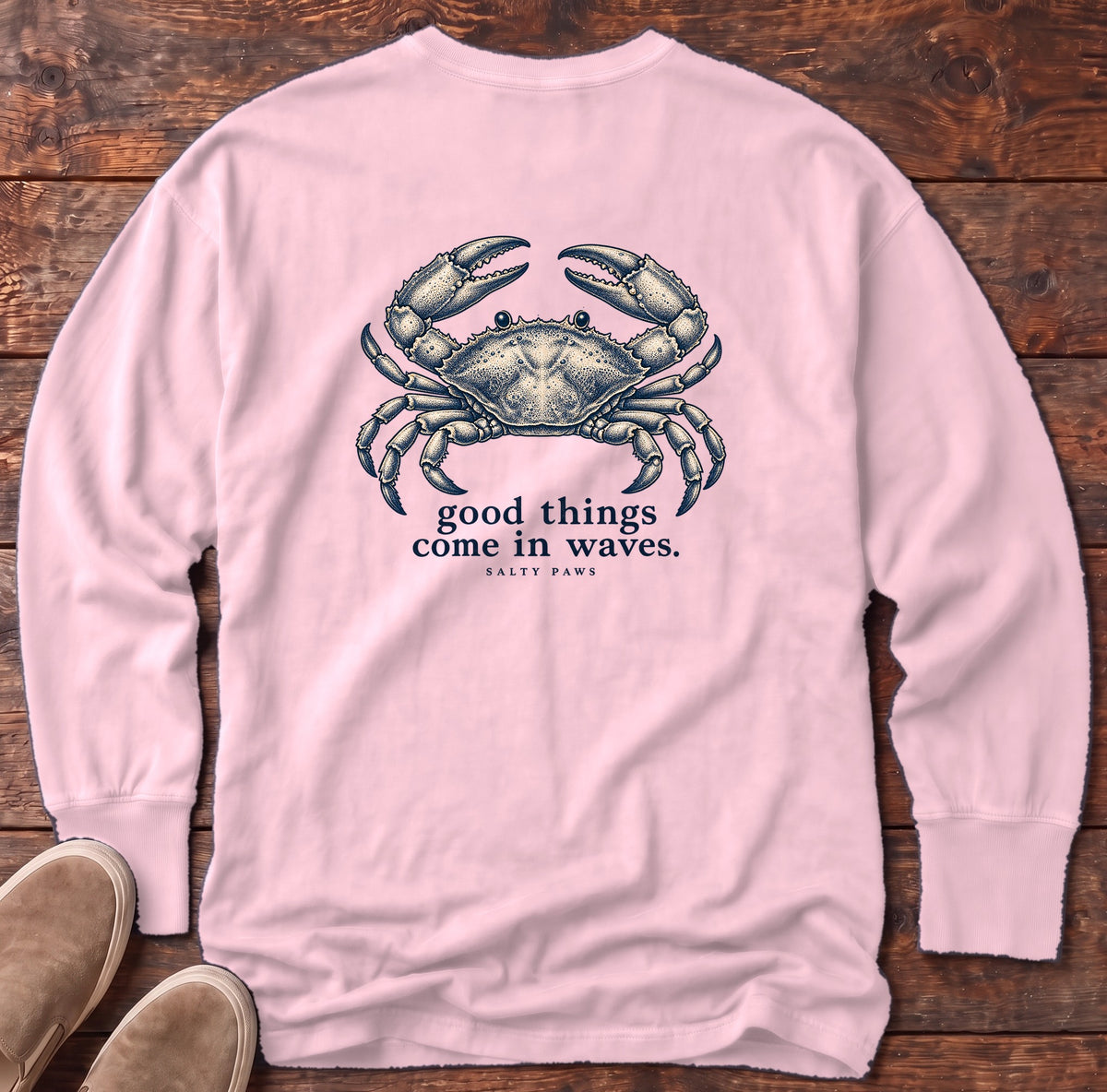 Good Things Come in Waves Crab Back Design Long Sleeve Tee Comfort Colors in Blossom, Salty Paws Comfort Colors Long Sleeve Tee, back design flat lay