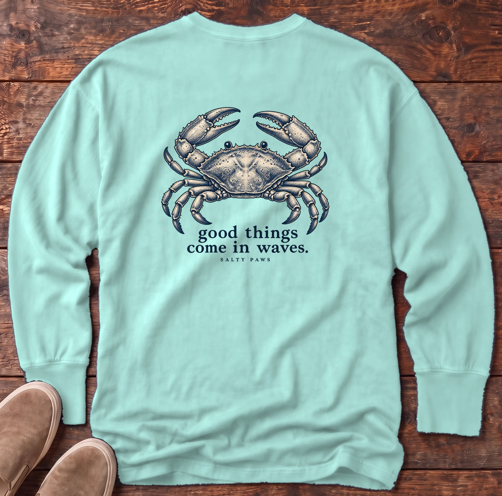 Good Things Come in Waves Crab Back Design Long Sleeve Tee Comfort Colors in Chalky Mint, Salty Paws Comfort Colors Long Sleeve Tee, back design flat lay