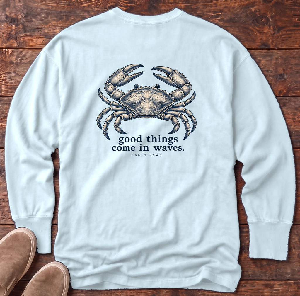 Good Things Come in Waves Crab Back Design Long Sleeve Tee Comfort Colors in Chambray, Salty Paws Comfort Colors Long Sleeve Tee, back design flat lay