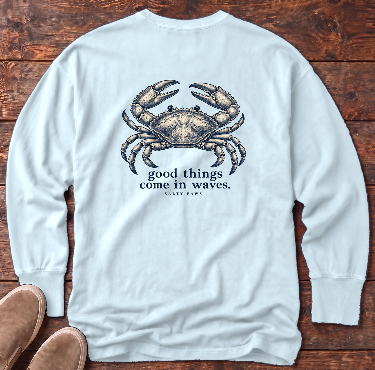 Good Things Come in Waves Crab Back Design Long Sleeve Tee Comfort Colors in Chambray, Salty Paws Comfort Colors Long Sleeve Tee, back design flat lay