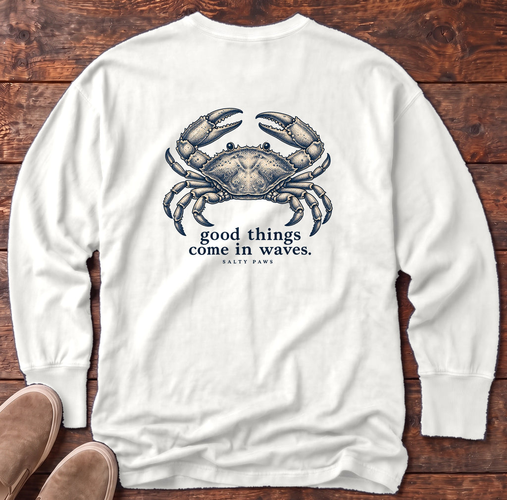 Good Things Come in Waves Crab Back Design Long Sleeve Tee Comfort Colors in White, Salty Paws Comfort Colors Long Sleeve Tee, back design flat lay