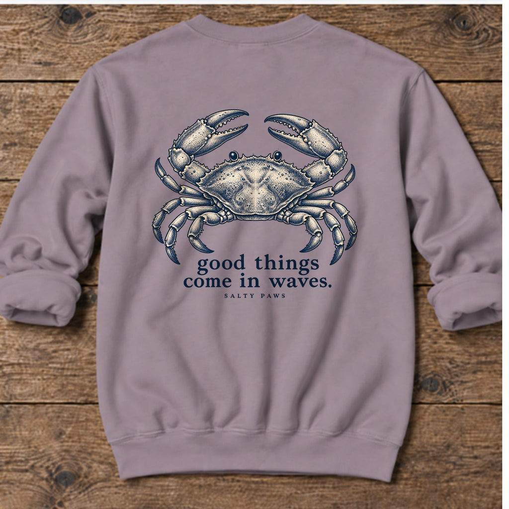 Good Things Come in Waves Crab Back Design Midweight Sweatshirt in Paragon, Salty Paws Midweight Sweatshirt, back design flat lay