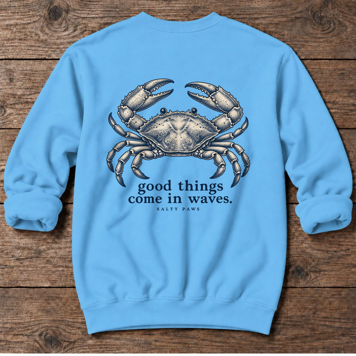 Good Things Come in Waves Crab Back Design Midweight Sweatshirt in Sky, Salty Paws Midweight Sweatshirt, back design flat lay
