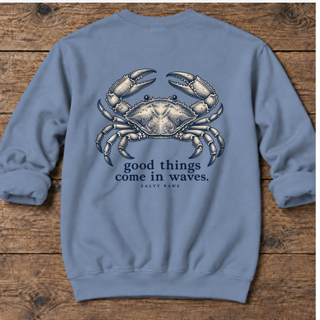 Good Things Come in Waves Crab Back Design Midweight Sweatshirt in Stone Blue, Salty Paws Midweight Sweatshirt, back design flat lay