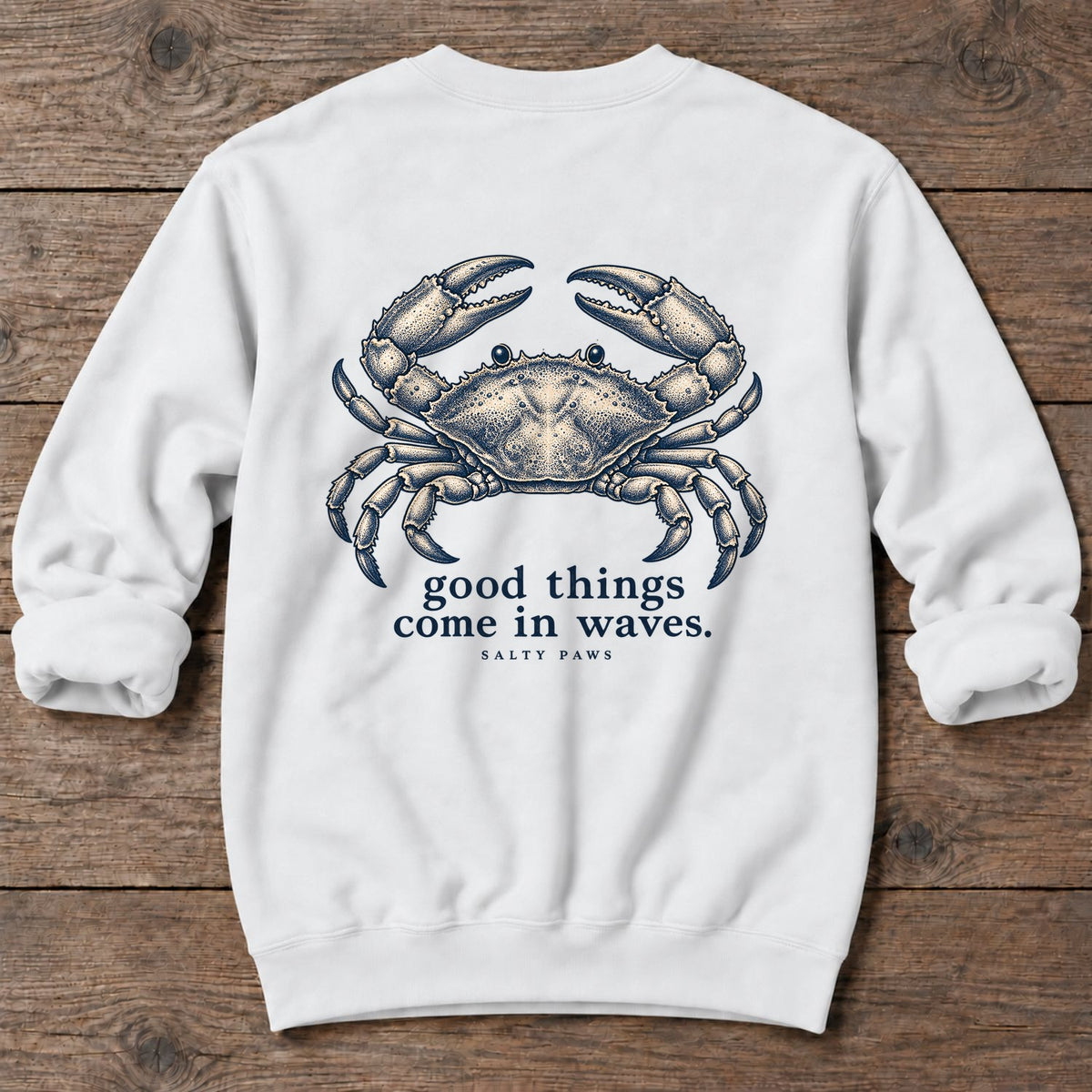 Good Things Come in Waves Crab Back Design Midweight Sweatshirt in White, Salty Paws Midweight Sweatshirt, back design flat lay