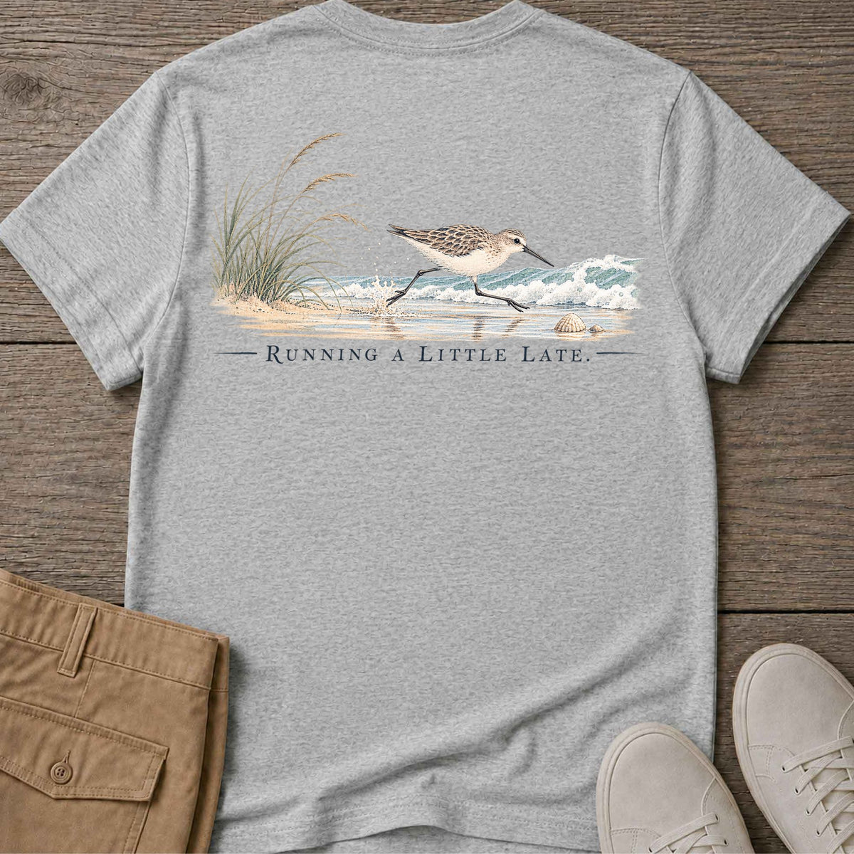 Running Late Sandpiper Back Design T-Shirt