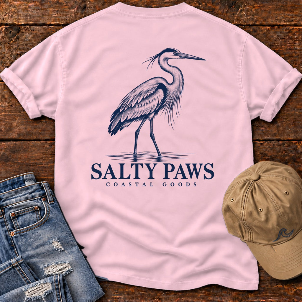 Great Blue Heron Coastal Goods Back Design T-Shirt in Blossom, Salty Paws Comfort Colors T-Shirt, back design flat lay