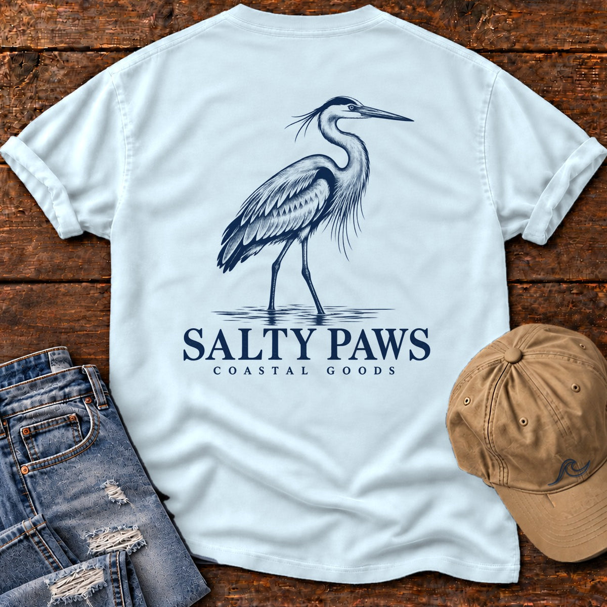Great Blue Heron Coastal Goods Back Design T-Shirt in Chambray, Salty Paws Comfort Colors T-Shirt, back design flat lay