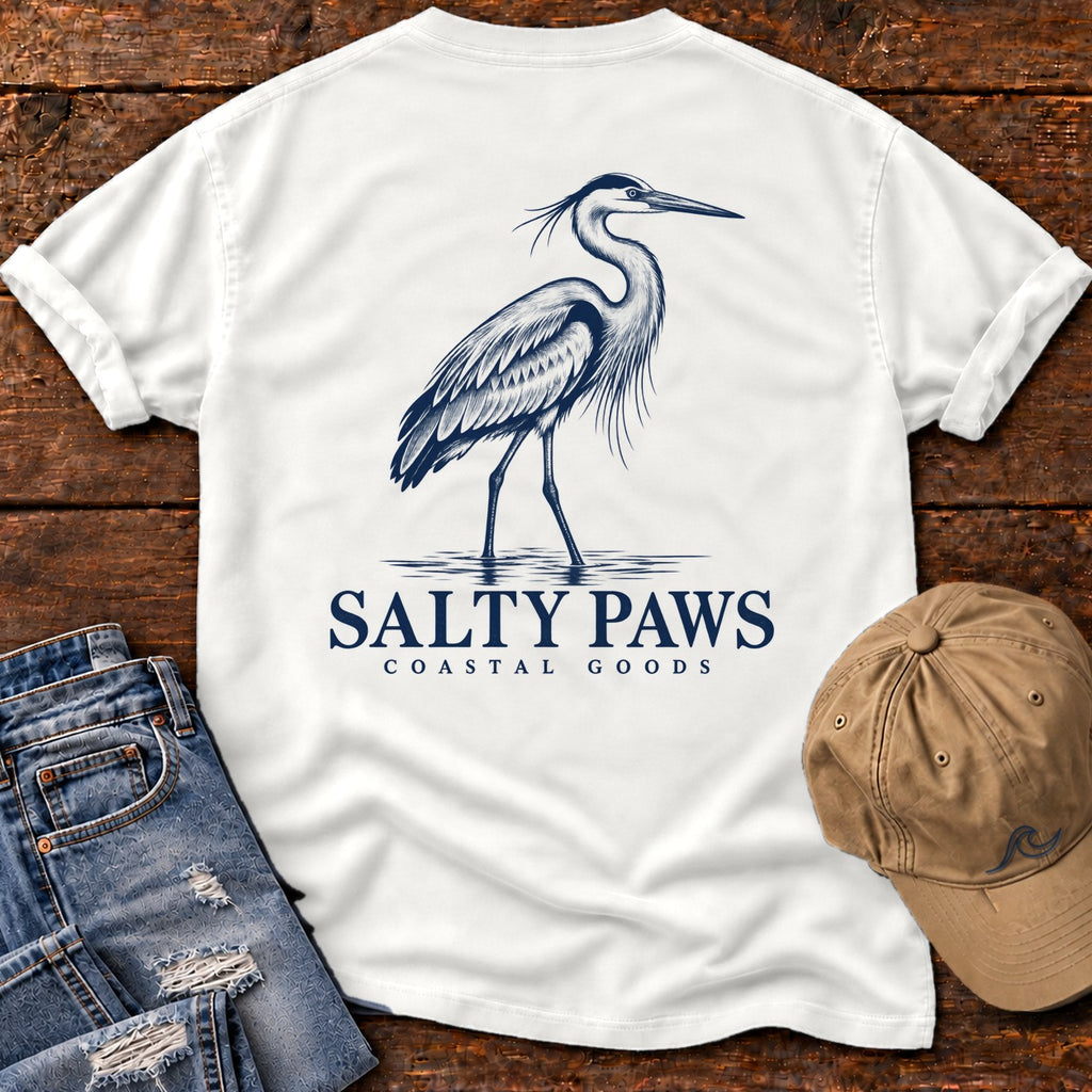 Great Blue Heron Coastal Goods Back Design T-Shirt in White, Salty Paws Comfort Colors T-Shirt, back design flat lay