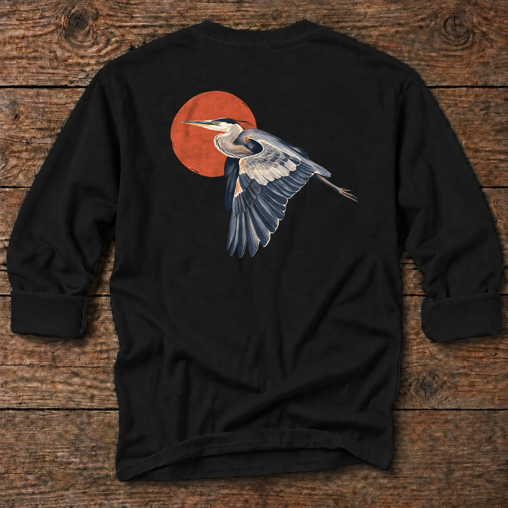 Great Blue Heron Red Sun Back Design Long T-Shirt in Black, Salty Paws coastal long sleeve tee