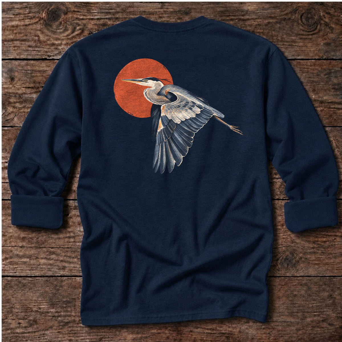 Great Blue Heron Red Sun Back Design Long T-Shirt in Dark Navy, Salty Paws coastal long sleeve tee