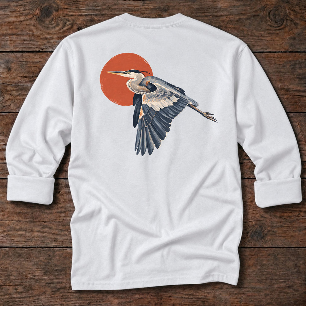 Great Blue Heron Red Sun Back Design Long T-Shirt in White, Salty Paws coastal long sleeve tee