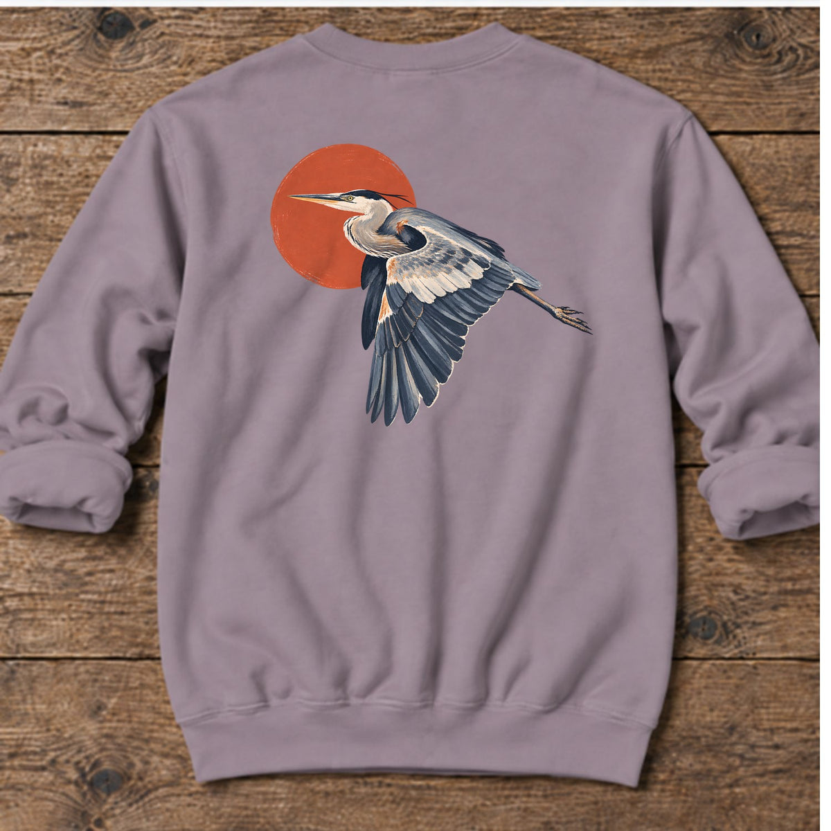 Great Blue Heron Red Sun Back Design Midweight Sweatshirt in Paragon, Salty Paws coastal sweatshirt