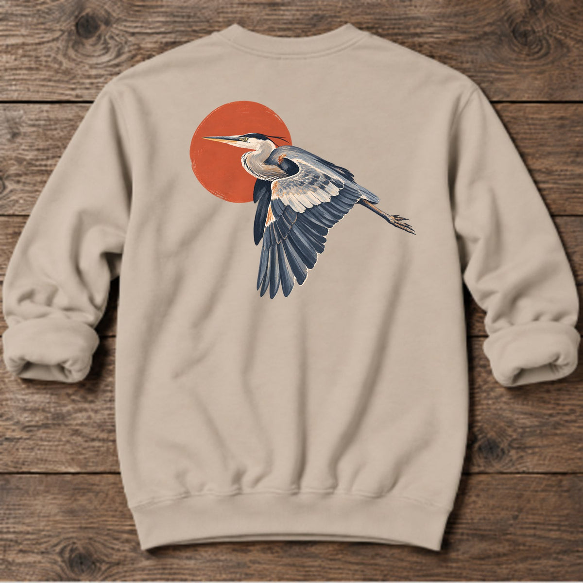 Great Blue Heron Red Sun Back Design Midweight Sweatshirt in Sand, Salty Paws coastal sweatshirt