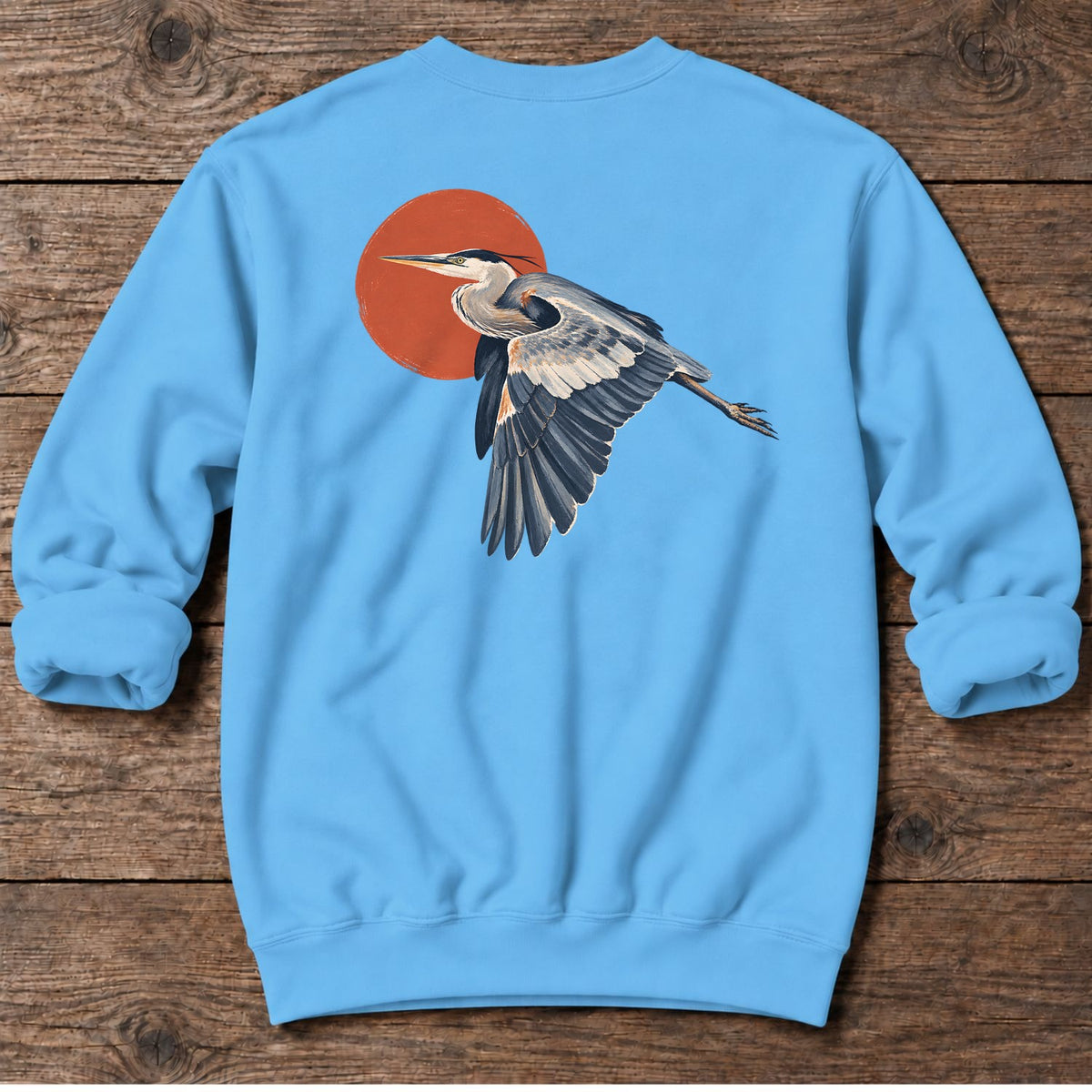 Great Blue Heron Red Sun Back Design Midweight Sweatshirt in Sky, Salty Paws coastal sweatshirt