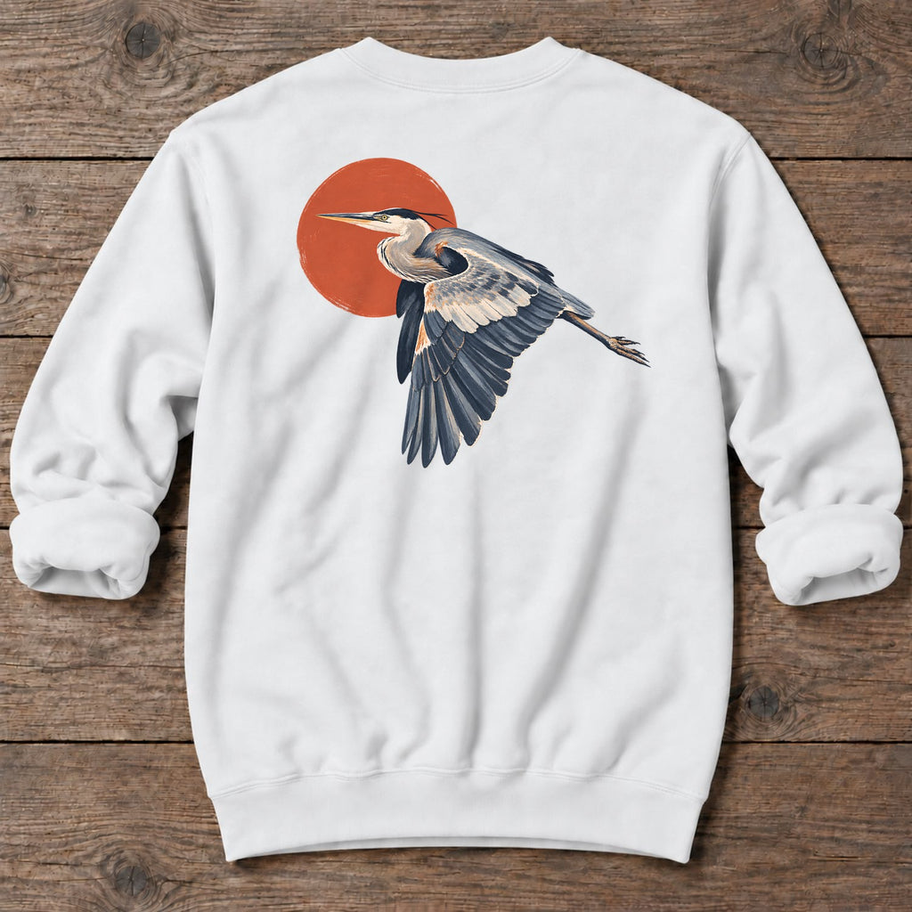 Great Blue Heron Red Sun Back Design Midweight Sweatshirt in White, Salty Paws coastal sweatshirt