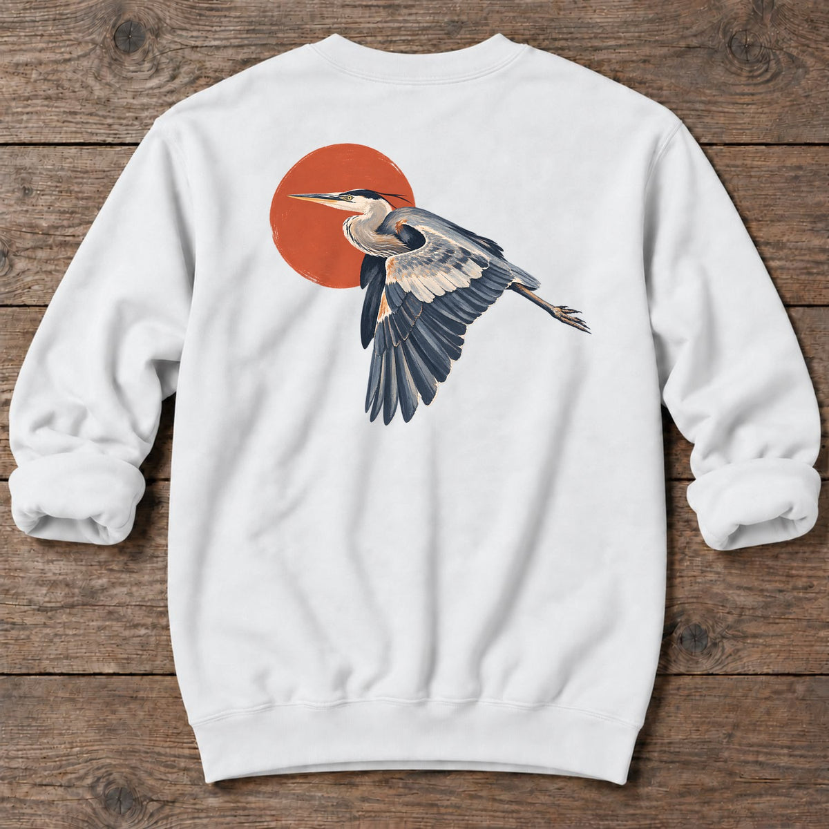 Great Blue Heron Red Sun Back Design Midweight Sweatshirt in White, Salty Paws coastal sweatshirt
