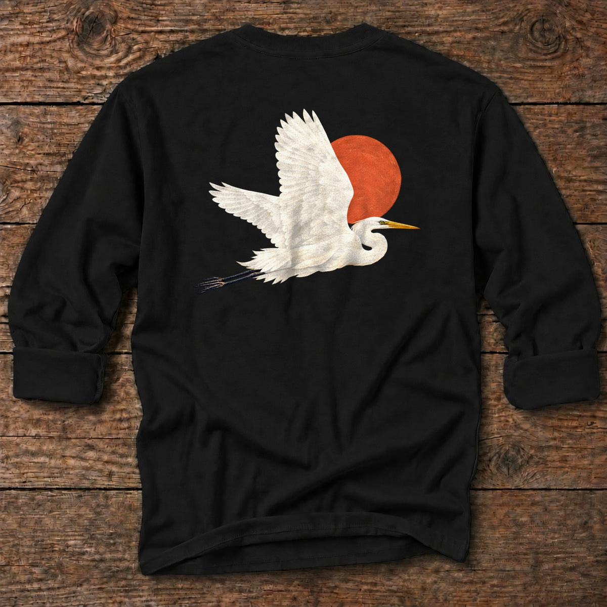 Great Egret Red Sun Back Design Long T-Shirt in Black, Salty Paws coastal long sleeve tee