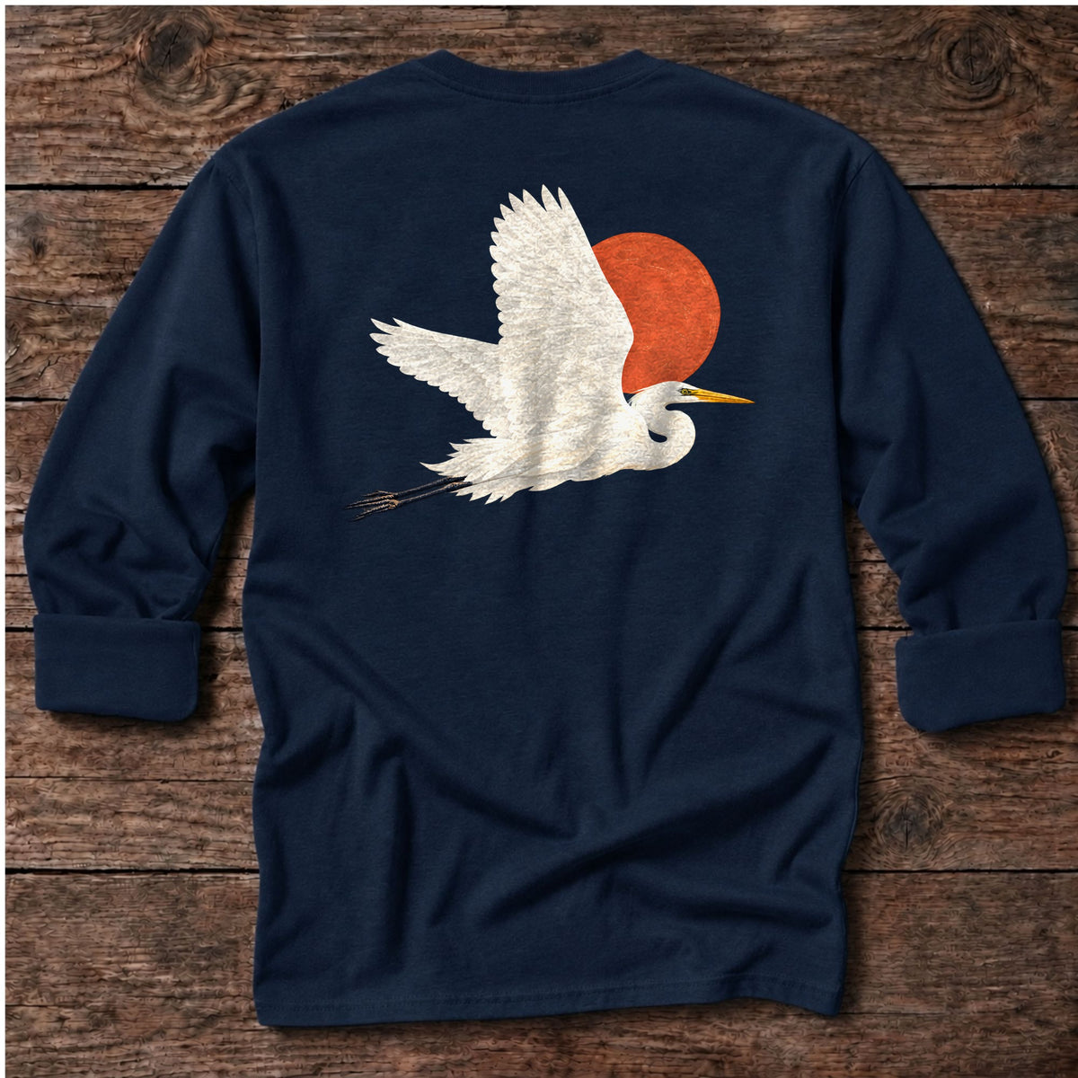Great Egret Red Sun Back Design Long T-Shirt in Dark Navy, Salty Paws coastal long sleeve tee