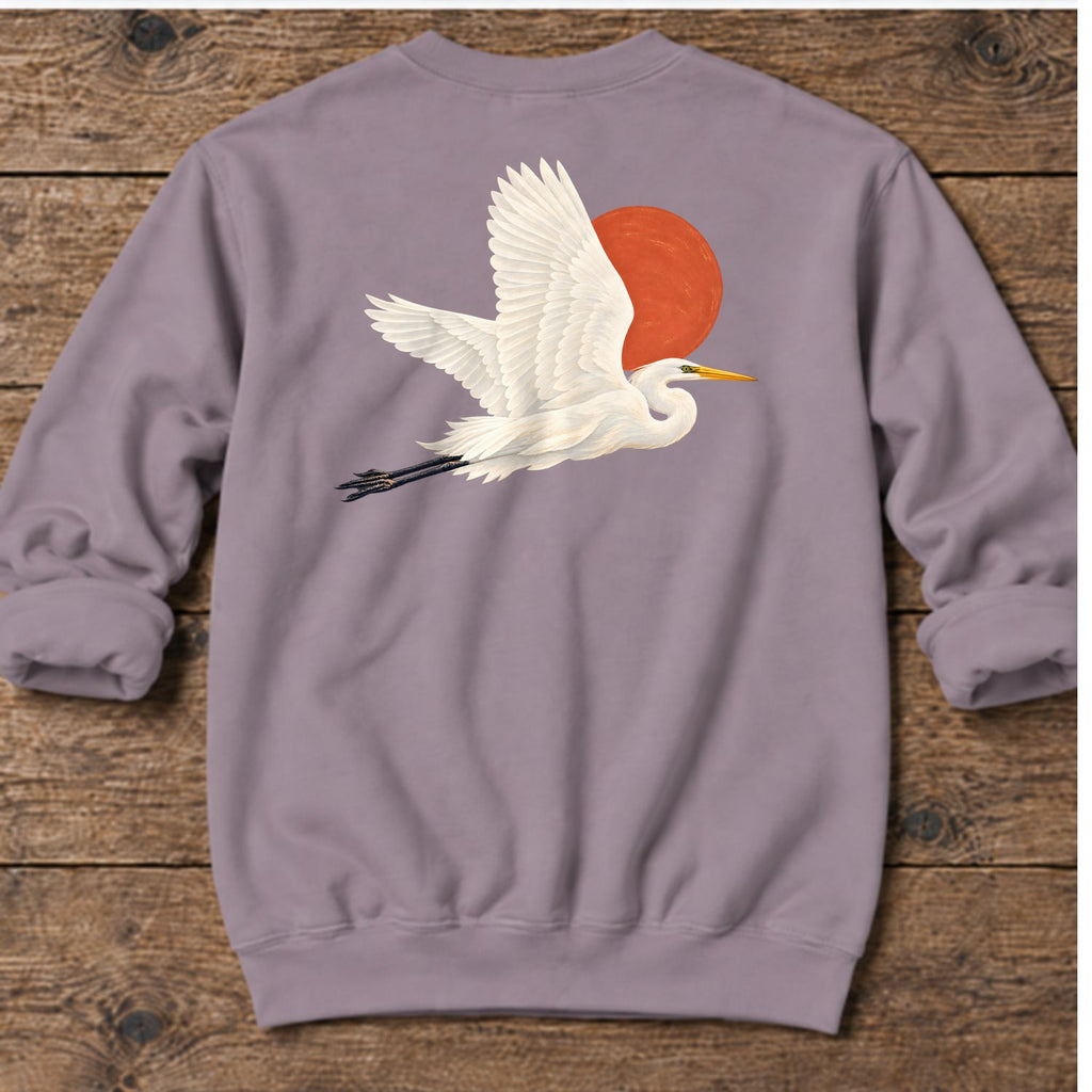 Great Egret Red Sun Back Design Midweight Sweatshirt in Paragon, Salty Paws coastal sweatshirt